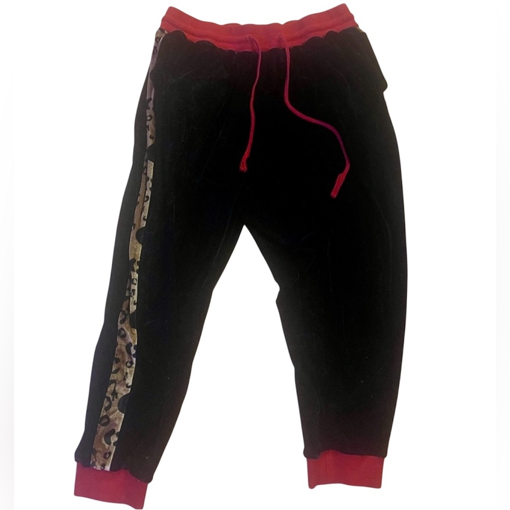 Black Cheetah Velvet Velour Jogging Track Pants Size Large Black Red